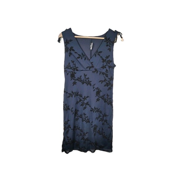 Y2K Navy Floral Mesh Overlay Dress Sleeveless Velvet Sparkle Party Size Large - Picture 1 of 9